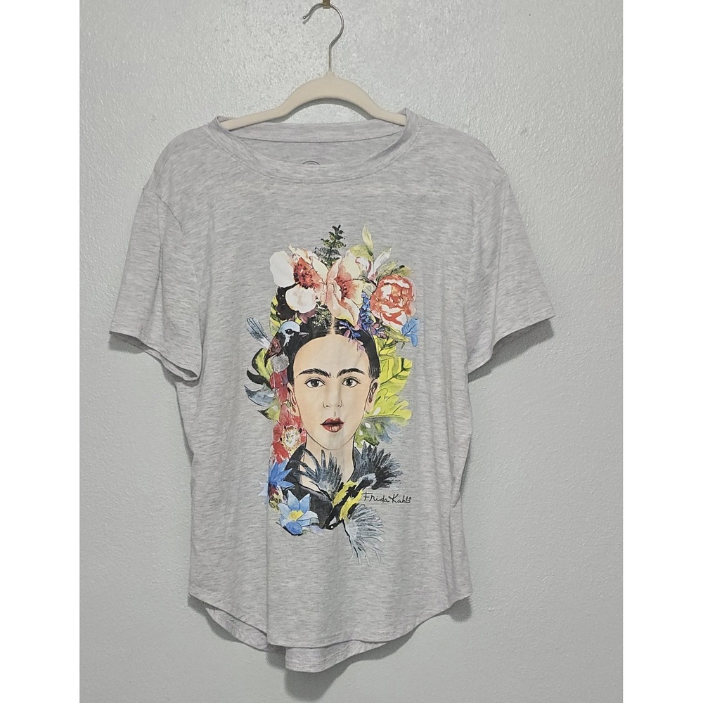 Frida Kahlo Graphic T Shirt XXL 19 Gray Floral Watercolor Portrait Short Sleeve